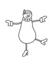A snowman girl dances on one leg. Winter female character. Vector illustration in a doodle style.