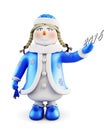 Snowman-girl on white background. Front view. 3d.