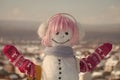 Snowman girl in winter pink wig hair with bag