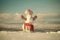 Snowman girl in winter pink wig hair with bag.