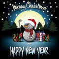 Snowman from golf balls with putter and sparklers