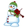 Snowman with green head cover and green scarf playing the violin for your design vector illustration Royalty Free Stock Photo