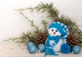 snowmen made with wool pompoms, on a Christmas background Royalty Free Stock Photo