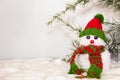 snowmen made with wool pompoms, on a Christmas background Royalty Free Stock Photo
