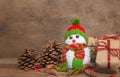 snowmen made with wool pompoms, on a Christmas background Royalty Free Stock Photo