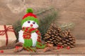 snowmen made with wool pompoms, on a Christmas background Royalty Free Stock Photo