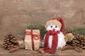 snowmen made with wool pompoms, on a Christmas background Royalty Free Stock Photo
