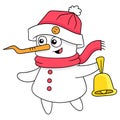 Snowman is happy carrying christmas bells, doodle icon image kawaii