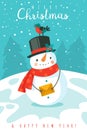 Snowman. Happy new year and merry christmas greeting card with cheerful snowman in scarf and snowflakes, festive winter Royalty Free Stock Photo