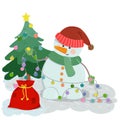 A snowman in a hat decorates the Christmas tree with a garland of balls. Royalty Free Stock Photo