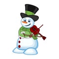 Snowman with hat, green sweater and green scarf playing the violin for your design vector illustration