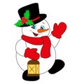 Snowman in a hat with holly, scarf and mittens. Retro lantern. Christmas and New Year Royalty Free Stock Photo