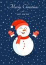 Snowman in a hat, mittens in the snow for postcards, posters, banners. Illustration of Merry Christmas and New Year. Royalty Free Stock Photo