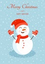 Snowman in a hat, mittens in the snow for postcards, posters, banners. Illustration of Merry Christmas and New Year. Royalty Free Stock Photo