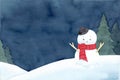 A snowman with hat and red scarf. Calm night winter scenery background.