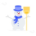 Snowman in hat, scarf with broom Royalty Free Stock Photo