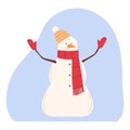 Snowman in a hat and scarf isolated on a blue background. Cheerful winter character. Banner, poster, postcard. Vector illustration