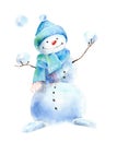 Snowman in hat and scarf plays snowballs