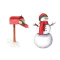 Cute snowman and mailbox. Hand drawn watercolor illustration on on white background.