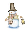 Snowman with hat, scarf, street oil lamp and mittens