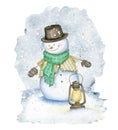 Snowman with hat, scarf, street oil lamp and mittens on winter snow background Royalty Free Stock Photo