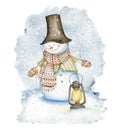 Snowman with hat, scarf, street oil lamp and mittens on winter snow background