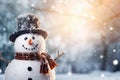 Snowman in hat and scarf in winter forest. Christmas background, Panoramic view of happy snowman in winter secenery with copy Royalty Free Stock Photo