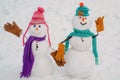 Snowman with hat and scarf in winter outdoor. Christmas holidays. Funny Laughing Surprised snowman Portrait, couple of Royalty Free Stock Photo