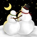 Snowman and his girl in funny winter illustration