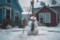 snowman holding a broom in a snowy backyard