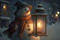 Snowman holding Christmas lantern on snowfall background. Congratulation Merry Christmas and Happy New Year! Generative AI
