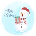 Snowman holding gift box cartoon hand drawn illustration Royalty Free Stock Photo