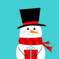 Snowman holding gift box present. Carrot nose, black hat, red scarf. Merry Christmas. Cute cartoon funny kawaii character. Blue
