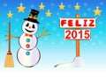 Snowman holding a Happy New Year signpost written on spanish