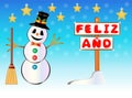 Snowman holding a Happy Year signpost written on spanish