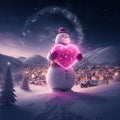 Snowman holding a heart. Valentines day snowman. Winter valentines day background. I love you card