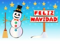 Snowman holding a Merry Christmas signpost written on spanish