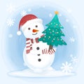 Snowman holding pine tree cartoon hand drawn  illustration Royalty Free Stock Photo