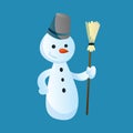 Snowman holds a broom in his hand with top hat isolated on white background. Winter theme. Vector character illustration Royalty Free Stock Photo