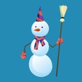 Snowman holds a broom in his hand with top hat and scarf isolated on white background. Winter theme. Vector character Royalty Free Stock Photo