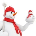 Snowman holds her hand on the little snowman. 3d. Royalty Free Stock Photo