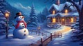 Snowman by the house on a snowy night. Christmas card, cartoon illustration Royalty Free Stock Photo