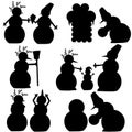 Set of six different plots of snowmen silhouettes. Royalty Free Stock Photo