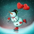 Snowman on ice with hearts. Royalty Free Stock Photo