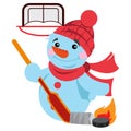 Snowman ice hockey at the gate, a member of the hockey team, a character in a cartoon style