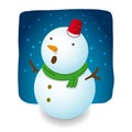 Snowman illustration character design is excite with falling snow, red hat bucket, carrot nose and green scarf on night