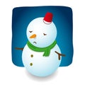 Snowman illustration character design is sad with red hat bucket, carrot nose and green scarf on night Royalty Free Stock Photo