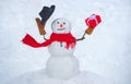 Snowman isolated on snow background. Greeting snowman. Happy snowman standing in winter Christmas landscape. Design Gift Royalty Free Stock Photo