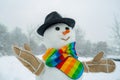 Snowman isolated on snow background. Greeting snowman. Happy snowman standing in winter Christmas landscape. Happy Royalty Free Stock Photo