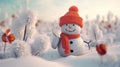 Snowman in knitted caps and scarfs on snow in the winter. Generative AI